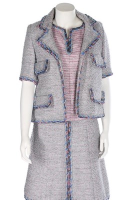 Lot 46 - A Chanel three-piece silver tweed ensemble,...