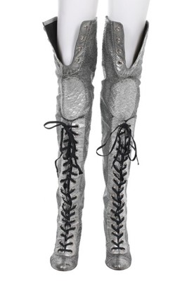 Lot 12 - A pair of Chanel thigh-high silver-coloured...