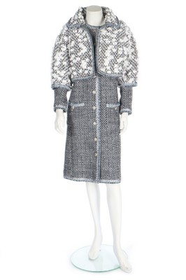 Lot 47 - A Chanel silver tweed ensemble trimmed with...