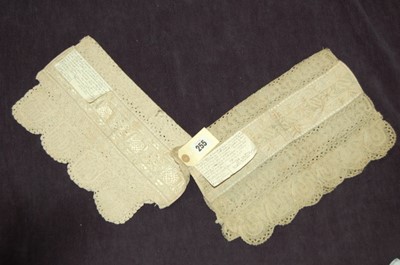 Lot 452 - Two pairs of embroidered and bobbin tapelace...