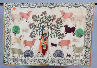 Lot 380 - An embroidered pictorial panel of Krishna...