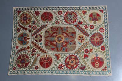 Lot 394 - A small embroidered Susani panel, Bokharan,...