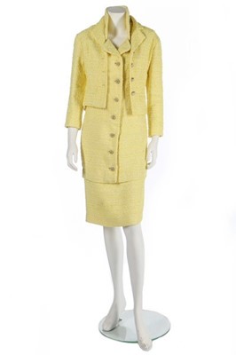 Lot 50 - A Chanel lemon-yellow cotton-tweed ensemble,...