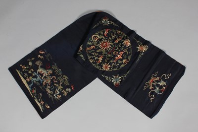 Lot 342 - An embroidered midnight blue satin seat cover,...