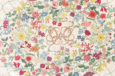 Lot 84 - An embroidered satin cover, English, dated...