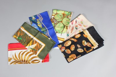 Lot 13 - Six Hermès scarves, 1980s-90s, mainly on the...