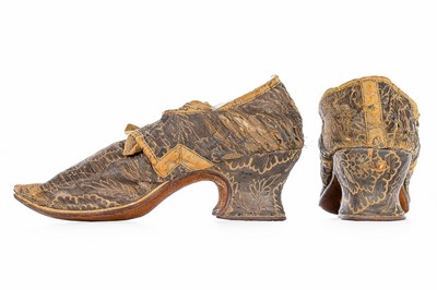 Lot 32 - A pair of brocaded silk lady's shoes, English,...