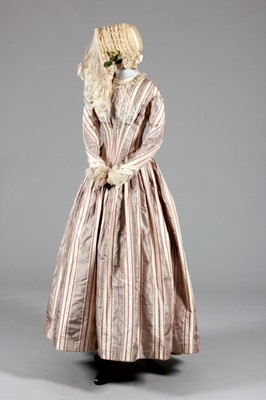 Lot 88 - A fine striped taffeta bridal gown and bonnet,...