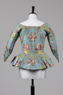 Lot 27 - A fine sky blue brocaded silk caraco jacket,...