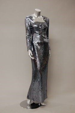 Lot 250 - A Loris Azzaro pewter sequined evening gown,...