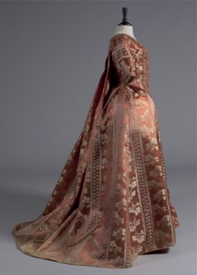 Lot 42 - A brocaded cinnamon satin robe à la française,...