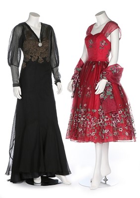Lot 28 - A black pin-tucked chiffon evening gown, mid...