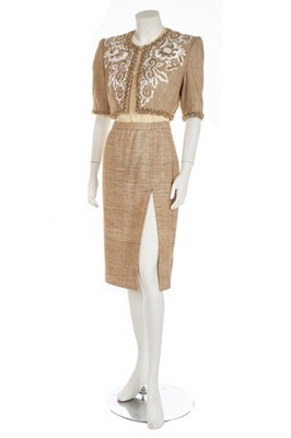 Lot 159 - A Jean-Louis Scherrer couture sand-coloured...