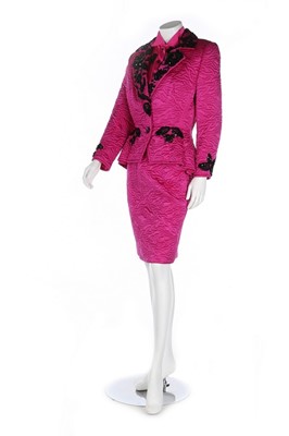 Lot 349 - A bespoke fuchsia quilted silk cocktail suit,...