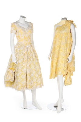Lot 361 - A bespoke lemon-yellow and white beaded lace...