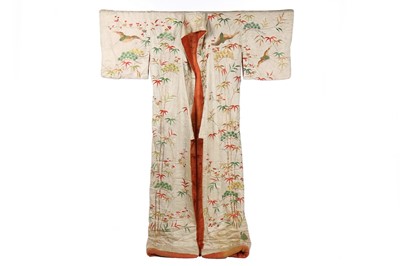 Lot 480 - An embroidered ivory damask silk kosode,...
