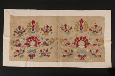 Lot 439 - A silk embroidered linen joined panel, North...