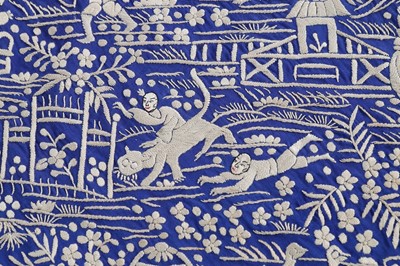 Lot 499 - An embroidered sapphire-blue silk shawl panel,...