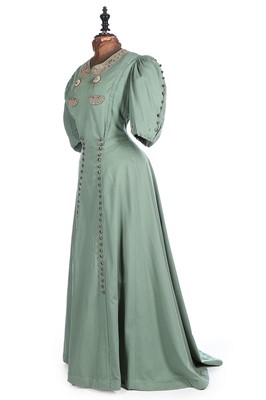 Lot 177 - A blue-green wool walking ensemble, circa 1900,...
