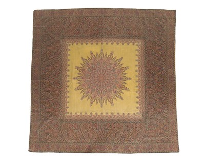 Lot 442 - A woven pale yellow wool moon shawl, probably...