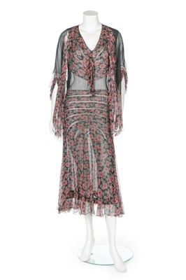 Lot 87 - A Jenny couture floral printed chiffon dress...