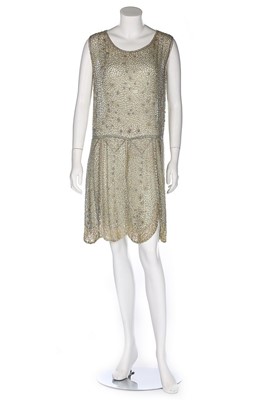 Lot 26 - A seafoam green beaded muslin flapper dress,...