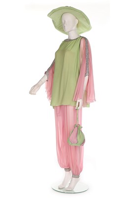 Lot 45 - Two bespoke pink and green chiffon ensembles,...