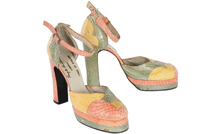 Lot 136 - A pair of Terry de Havilland snakeskin patchwork platform shoes, 1970s