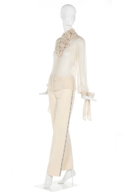 Lot 19 - Alexander McQueen ivory wool trousers with rhinestone side stripes, 2003