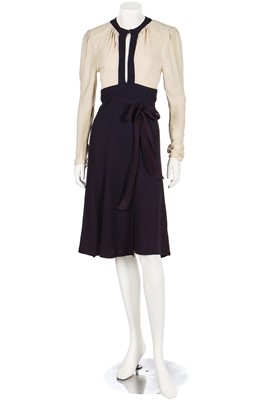 Lot 113 - An Ossie Clark ivory and navy moss crêpe dress, 1970s