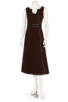 Lot 127 - A Courrèges brown wool dress with vinyl trim, circa 1970