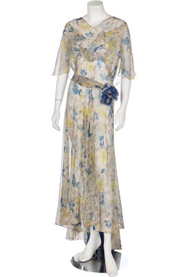 Lot 54 - A good floral printed chiffon garden-party gown in shades of blue and yellow, 1930s