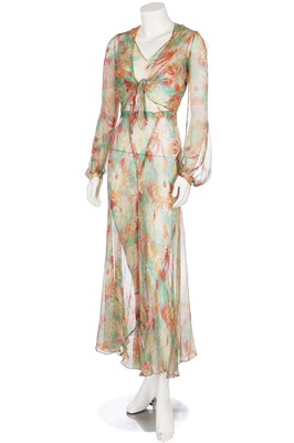 Lot 55 - A good bias-cut floral printed chiffon garden-party gown with matching bolero, 1930s
