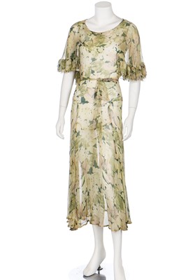 Lot 60 - Two bias-cut floral printed chiffon dresses in shades of green, 1930s