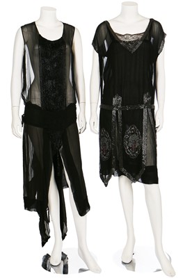 Lot 37 - A beaded black chiffon and crêpe evening dress, early 1920s