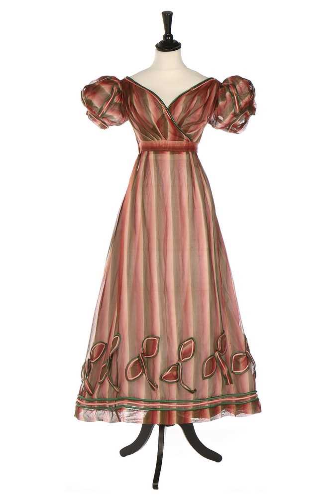 Lot 85 - A pink and green striped silk gauze dress,...
