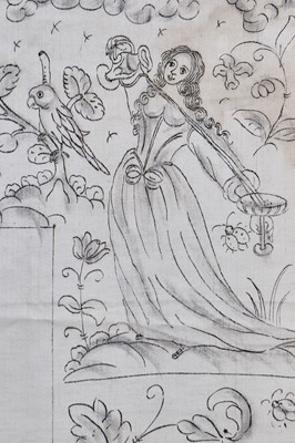 Lot 28 - A painted cartoon for a stumpwork mirror of the four Cardinal Values, English, 1660s