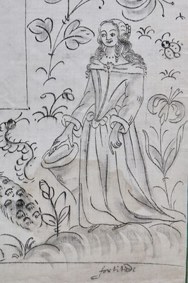 Lot 28 - A painted cartoon for a stumpwork mirror of the four Cardinal Values, English, 1660s