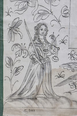 Lot 28 - A painted cartoon for a stumpwork mirror of the four Cardinal Values, English, 1660s