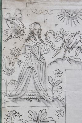Lot 28 - A painted cartoon for a stumpwork mirror of the four Cardinal Values, English, 1660s