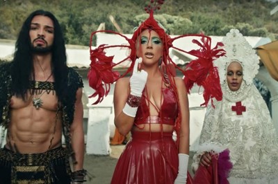 Lot 295 - A Lady Gaga-worn 'Red Bleeding' look, comprising red latex skirt by Karina Akopyan and Carapace patent leather bullet bra, 2017