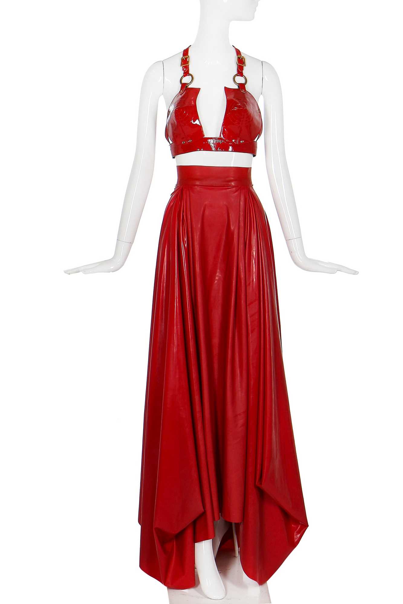 Lot 295 - A Lady Gaga-worn 'Red Bleeding' look, comprising red latex skirt by Karina Akopyan and Carapace patent leather bullet bra, 2017
