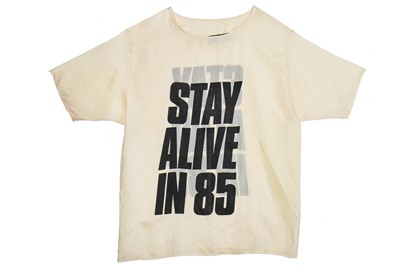 Lot 200 - A rare Katharine Hamnett 'Stay Alive in '85' printed silk T-shirt, 1985