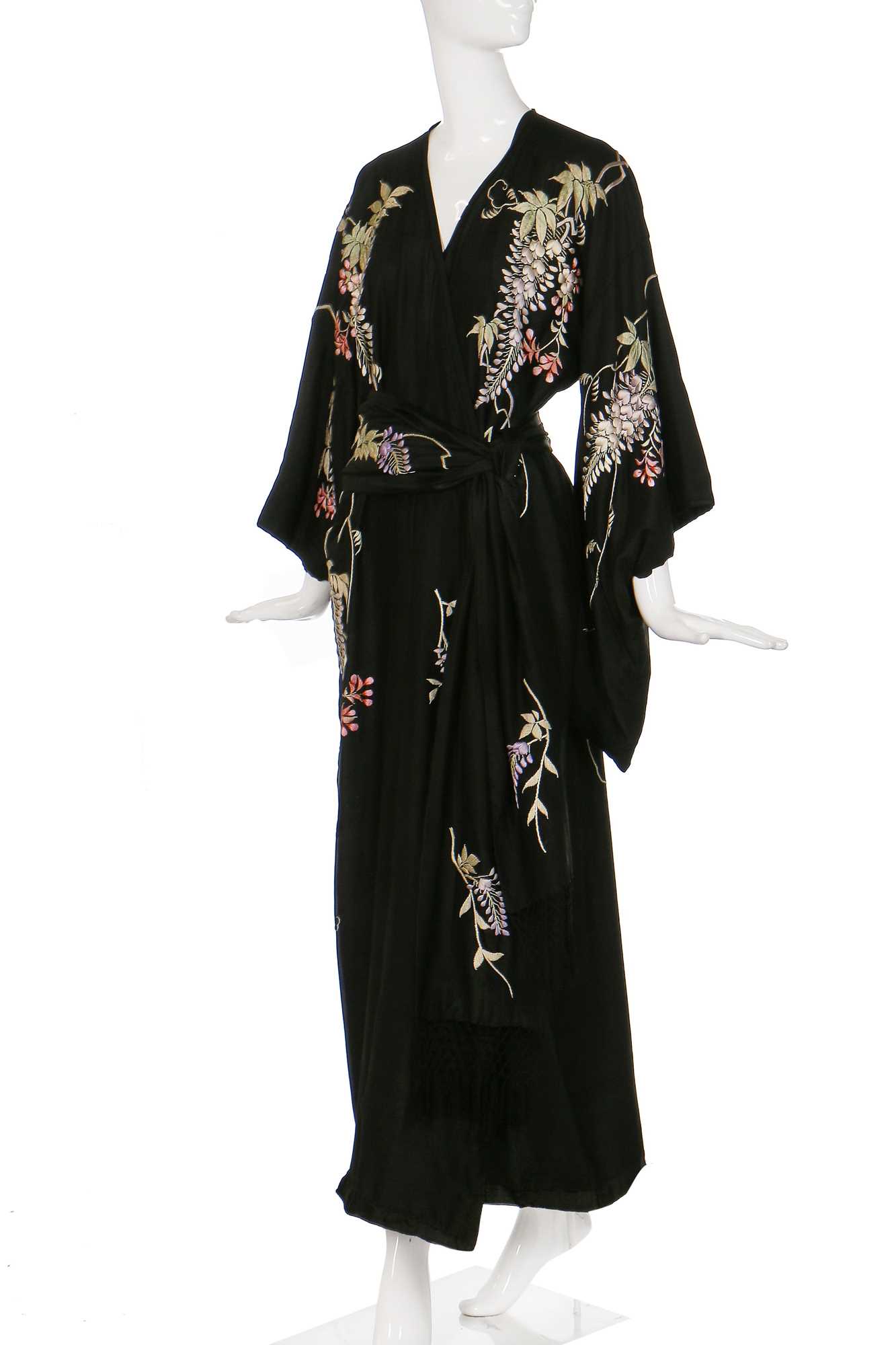 Lot 64 - A silk kimono finely embroidered with wisteria, Japanese for the European market, 1910-20
