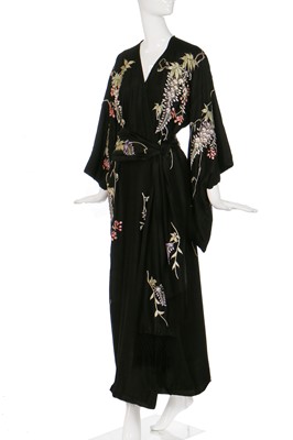 Lot 64 - A silk kimono finely embroidered with wisteria, Japanese for the European market, 1910-20