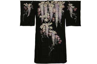 Lot 64 - A silk kimono finely embroidered with wisteria, Japanese for the European market, 1910-20