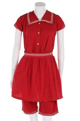 Lot 97 - A red wool-cotton bathing costume, circa 1910,...