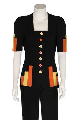 Lot 128 - A Quorum black moss crêpe ensemble, early 1970s