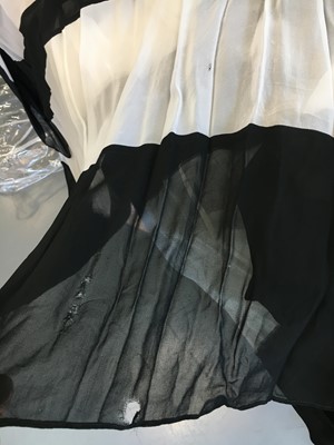 Lot 138 - A good Jean Varon black and white striped chiffon gown, circa 1974