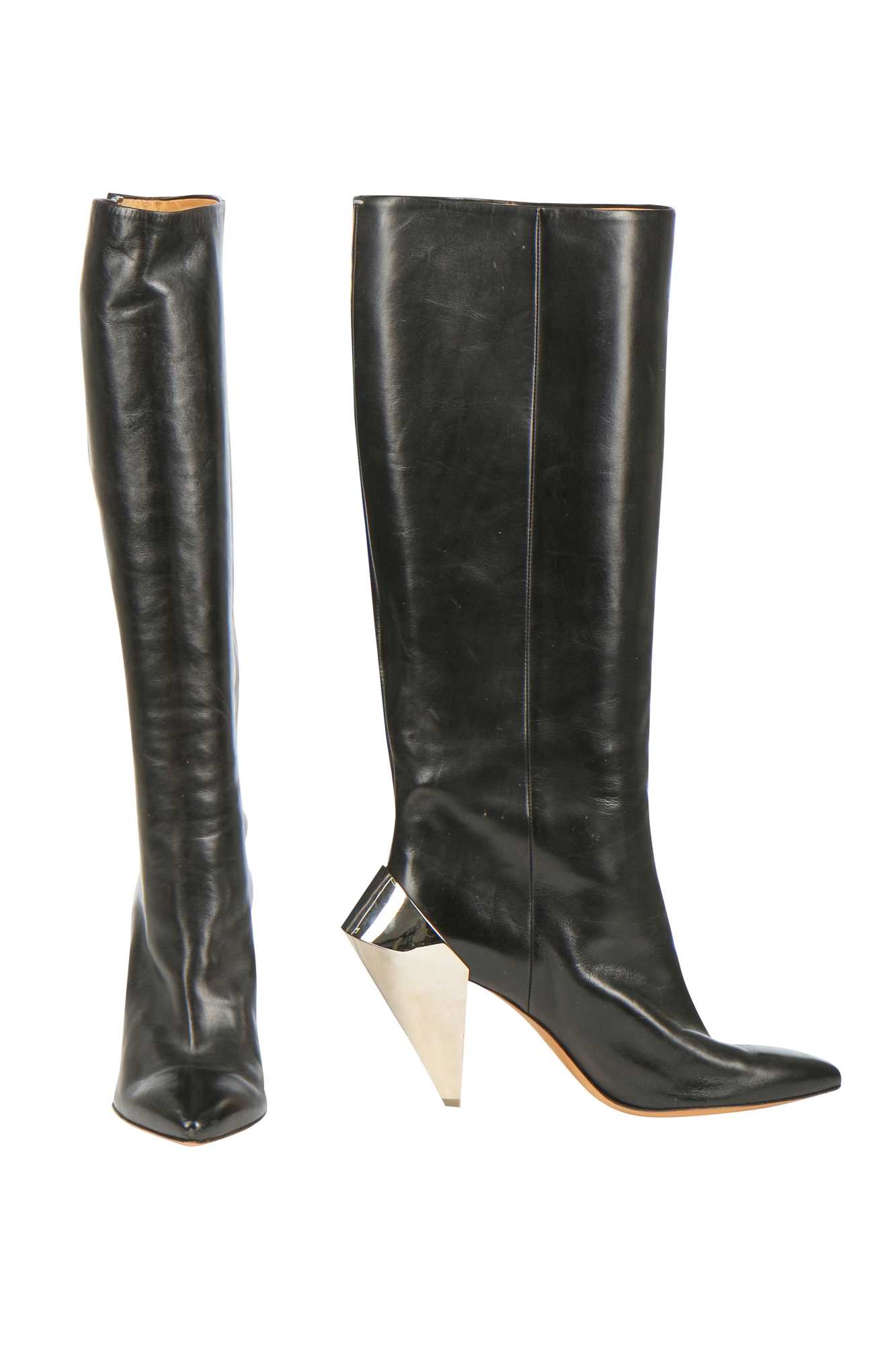 Lot 239 - A pair of Martin Margiela black leather boots with chrome metal heels, 2000s